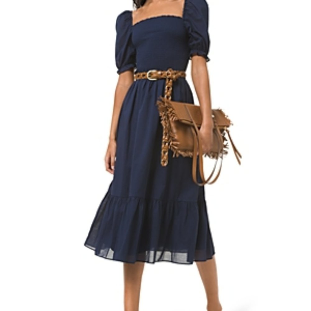 Micheal Kors Smocked Cotton Lawn Puff-Sleeve Dress - True Navy